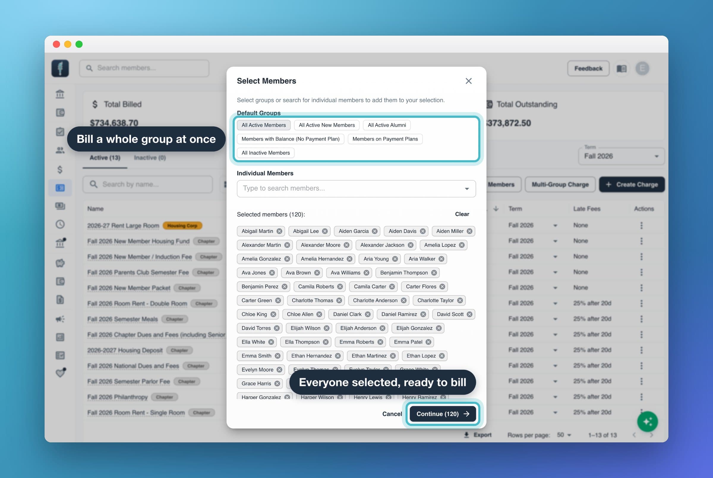 The Select Members dialog with default groups such as All Active Members, a search box for individual members, and Continue showing how many are selected.