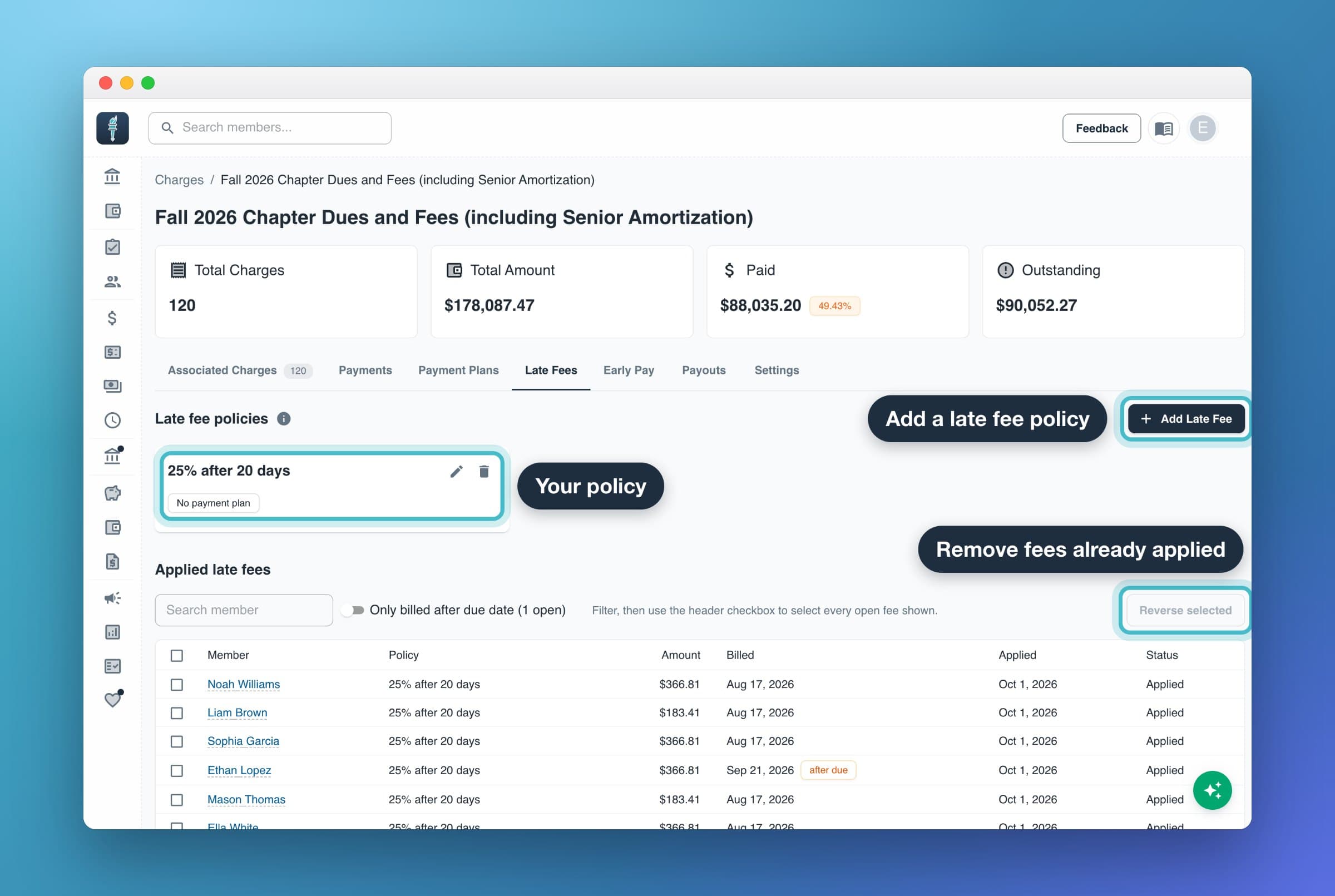 A charge type's Late Fees tab: the Add Late Fee button, a 25% after 20 days policy, and the Applied late fees list with Reverse selected.