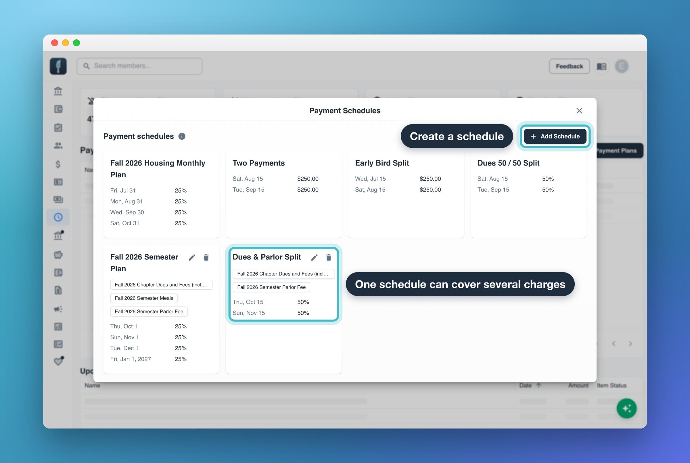 The Payment Schedules dialog from Manage Schedules: Add Schedule, and schedule cards including one that covers two charge types.